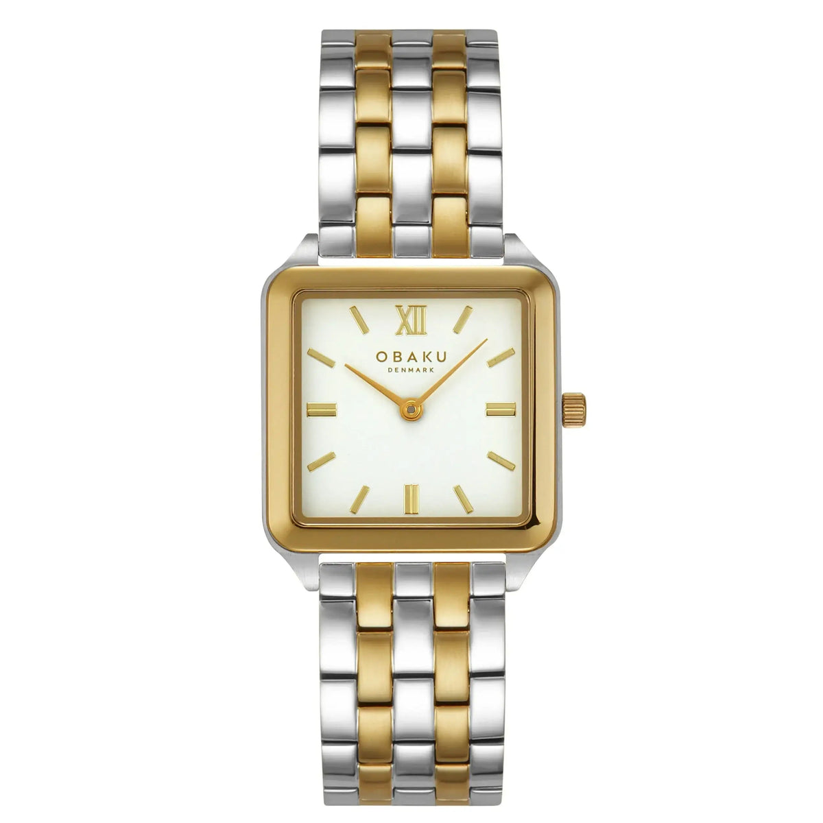 Obaku Graf Butter V309LXFWSF two-tone square quartz watch with white dial and gold-tone hands on integrated stainless steel bracelet