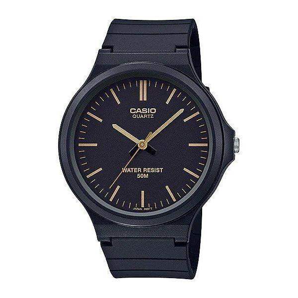Casio MW-240-1E2VDF black resin analogue quartz watch with rose gold-tone hands and hour markers on black dial