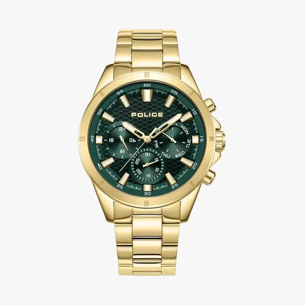 Police Menelik PEWJK2204112 quartz multifunction watch with green honeycomb dial and gold-tone stainless steel bracelet on white background
