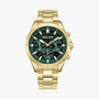 Police Menelik PEWJK2204112 quartz multifunction watch with green honeycomb dial and gold-tone stainless steel bracelet on white background
