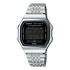 Casio ABL-100WE-1BDF vintage digital Bluetooth step tracker watch with black LCD display and stainless steel bracelet on white background