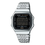 Casio ABL-100WE-1BDF vintage digital Bluetooth step tracker watch with black LCD display and stainless steel bracelet on white background