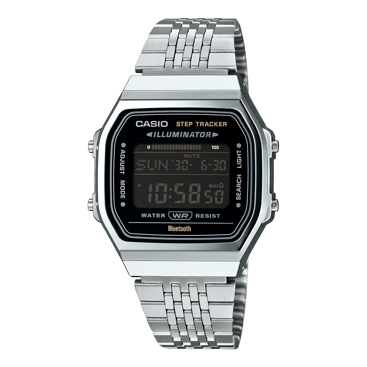 Casio ABL-100WE-1BDF vintage digital Bluetooth step tracker watch with black LCD display and stainless steel bracelet on white background