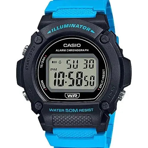Casio W-219H-2A2VDF digital quartz watch with blue resin strap, black resin case, alarm chronograph and 50-metre water resistance
