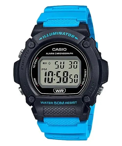 Casio W-219H-2A2VDF digital quartz watch with blue resin strap, black resin case, alarm chronograph and 50-metre water resistance