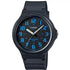 Casio MW-240-2BVDF quartz analogue watch with black resin case and blue dial on white background