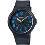 Casio MW-240-2BVDF quartz analogue watch with black resin case and blue dial on white background