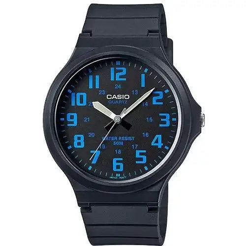 Casio MW-240-2BVDF quartz analogue watch with black resin case and blue dial on white background