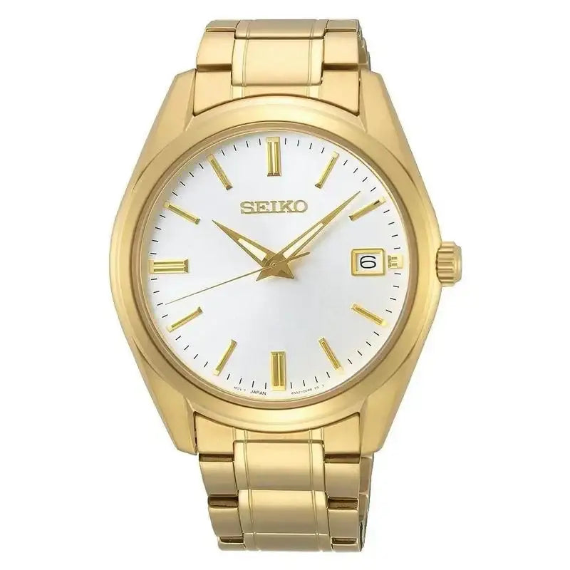 Seiko Dress SUR314P1 gold-tone stainless steel watch with white dial and date display at 3 o'clock
