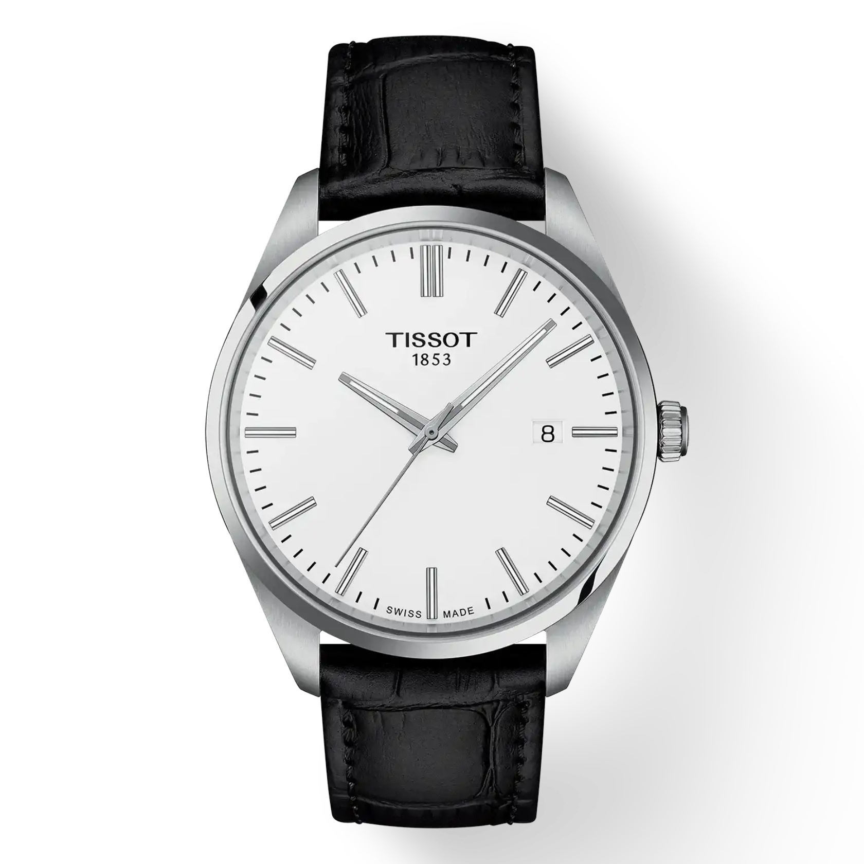 Tissot PR 100 40 mm white dial stainless steel case leather strap quartz watch
