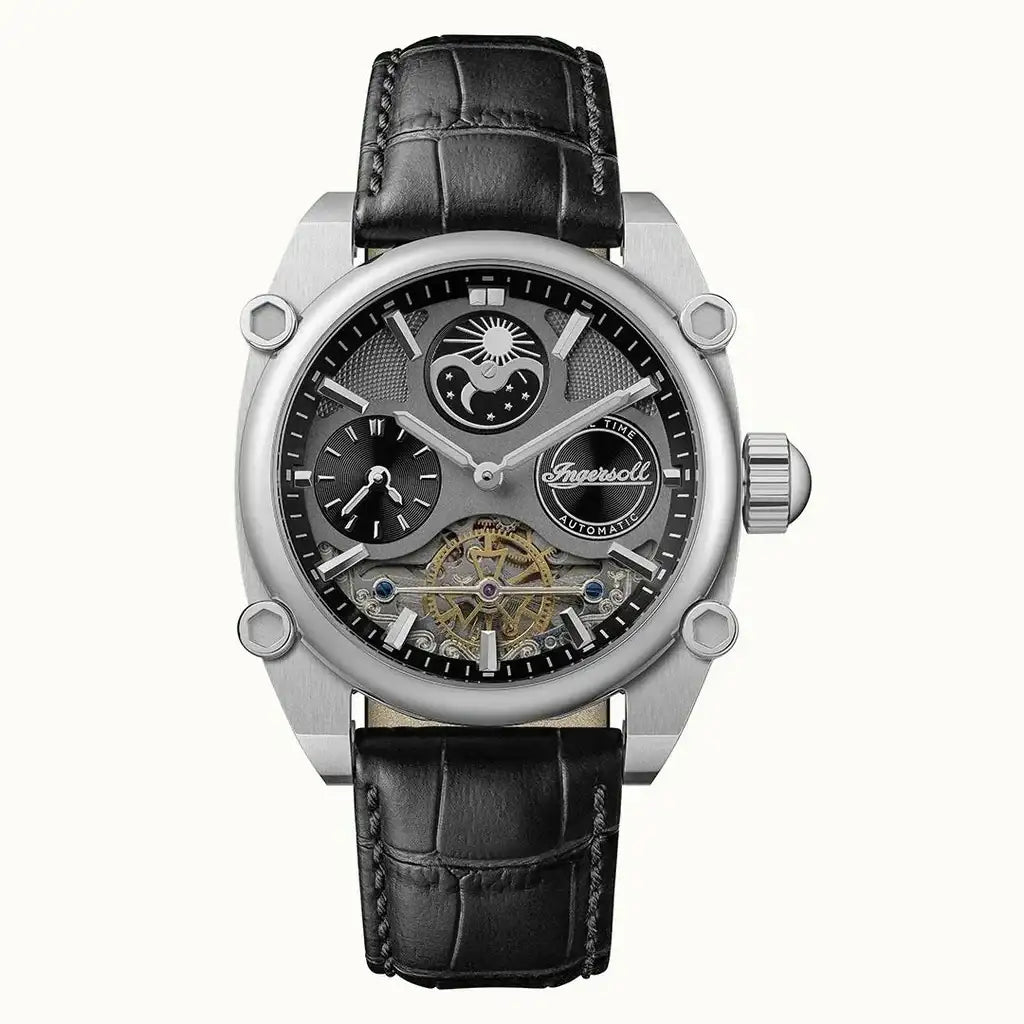 Ingersoll The Varsity I15402 automatic watch with grey skeleton dial, moon phase complication, stainless steel case and black leather strap