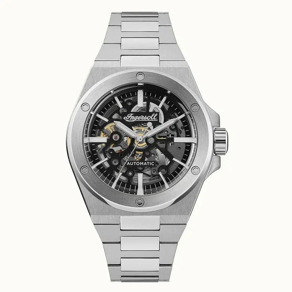 Ingersoll The Baller I15002 automatic skeleton dial watch with 45.1mm stainless steel case and integrated bracelet on white background
