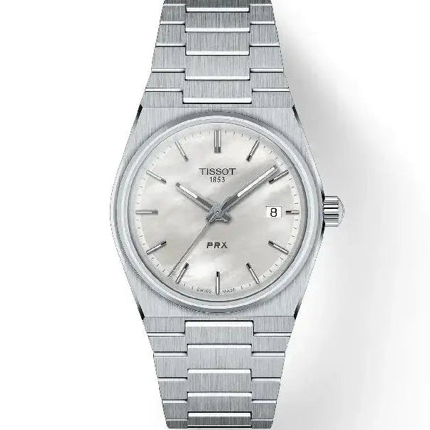 Tissot PRX 35mm quartz watch with mother-of-pearl dial and steel bracelet