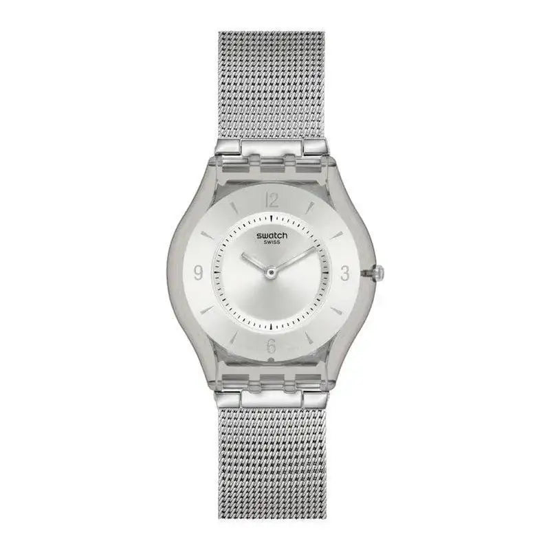 Swatch Metal Knit watch with silver sunray dial and mesh bracelet, 34mm round case