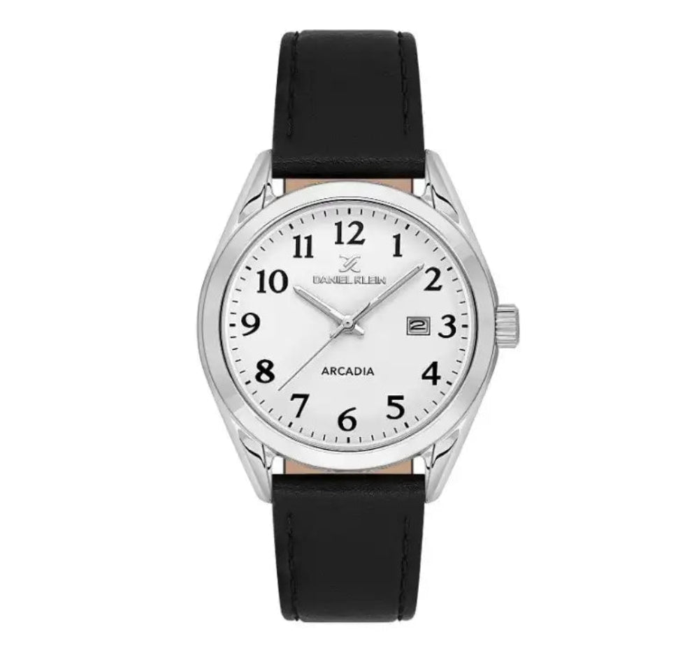 Daniel Klein Arcadia DK.1.13692-1 quartz watch with 43mm stainless steel case, white dial with Arabic numerals, date window, and black leather strap