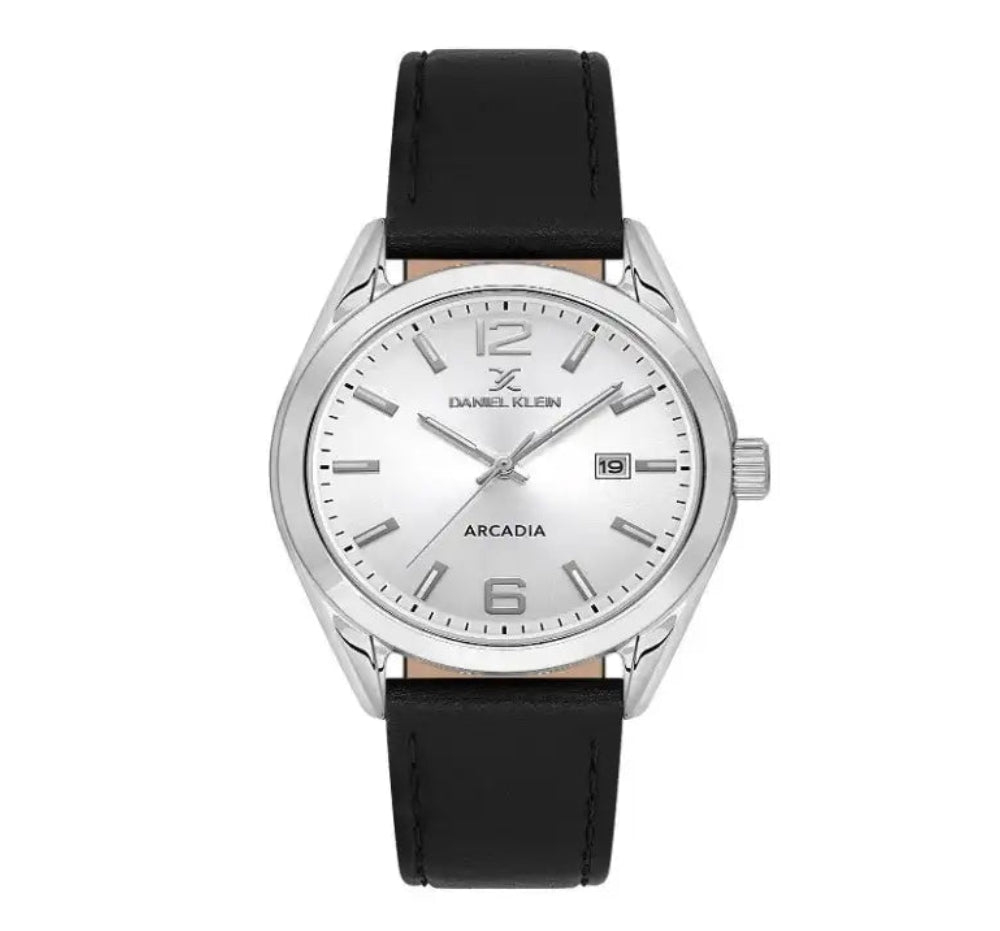 Daniel Klein Arcadia DK113692-5 quartz watch with white dial, applied indices, date display at 3 o'clock, polished stainless steel case and black leather strap