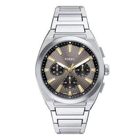 Fossil Everett FS6128 chronograph watch with sunray grey guilloche dial, 44mm stainless steel case, rose gold-tone accents, and integrated steel bracelet