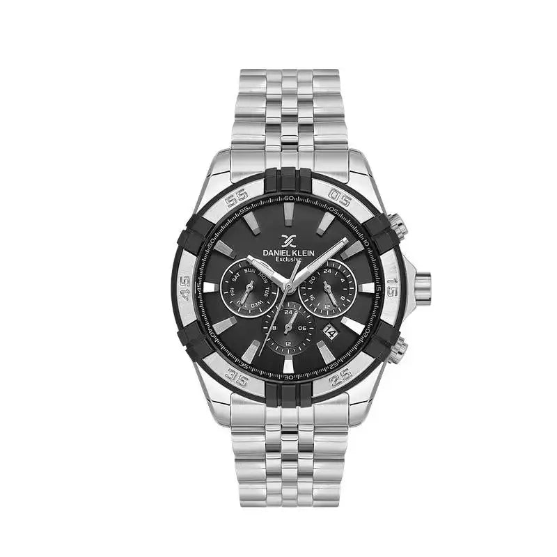 Daniel Klein DK114007-1 multifunction chronograph watch with black dial, bi-colour bezel, and stainless steel bracelet on white background