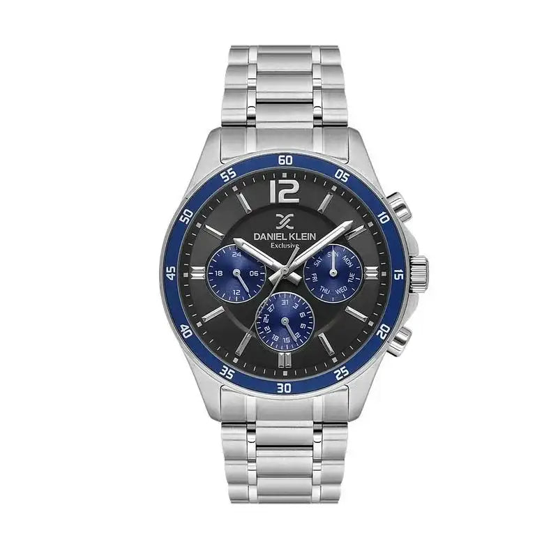 Daniel Klein Exclusive DK.1.13972-4 men's multifunction quartz watch with blue bezel, black dial with blue sub-dials, and stainless steel bracelet