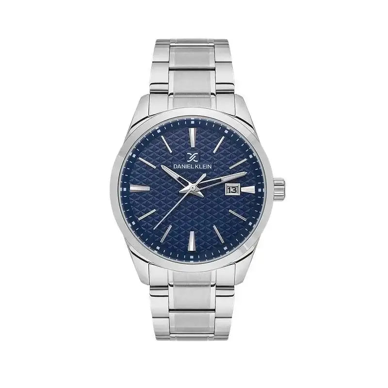 Blue textured dial watch with silver-tone baton hands and stainless steel bracelet