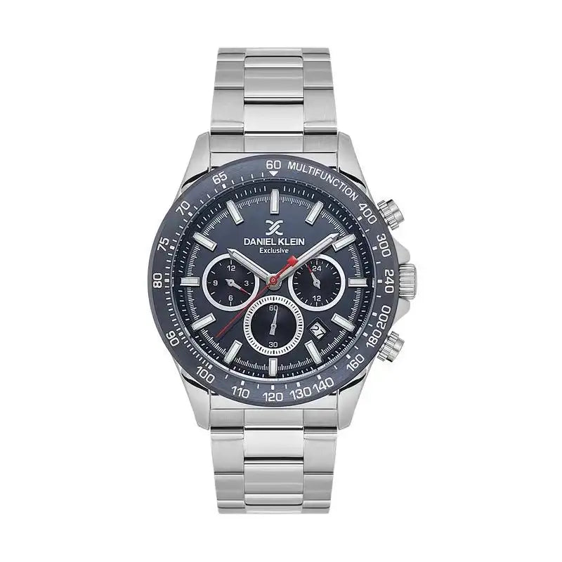 Daniel Klein chronograph watch with blue dial and stainless steel bracelet, front view