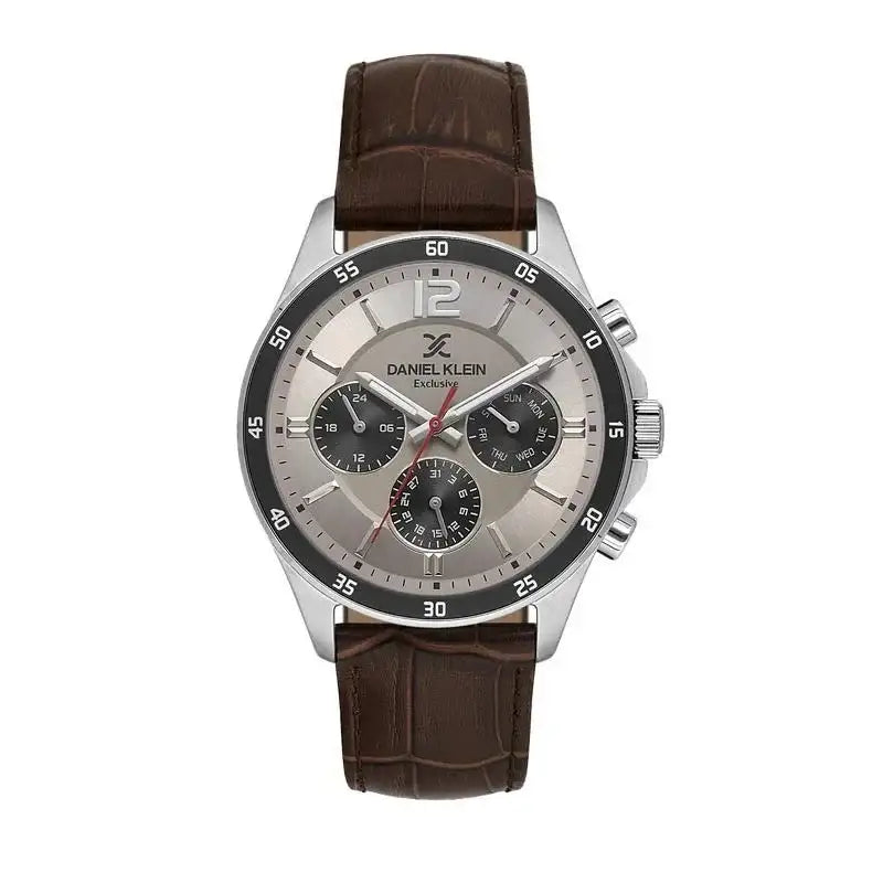 Daniel Klein DK113973-5 Exclusive chronograph watch with silver dial, brown crocodile-embossed leather strap, stainless steel case, and black tachymeter bezel