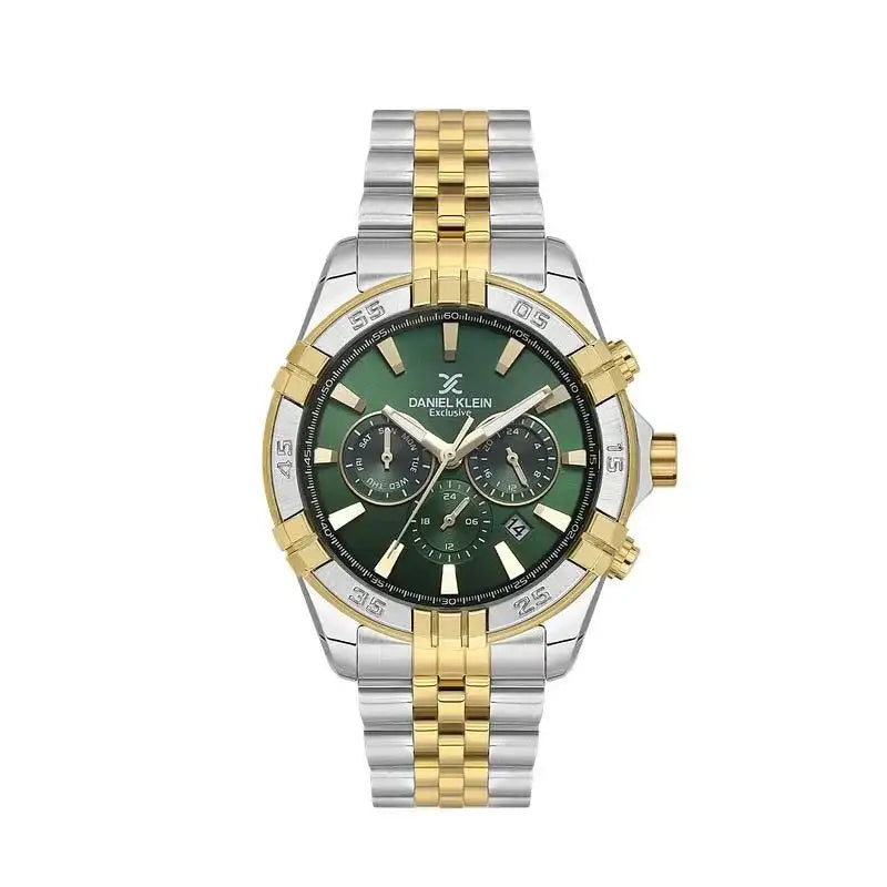 Daniel Klein DK114007-3 quartz chronograph watch with green sunburst dial, two-tone stainless steel case and bracelet, tachymetre bezel, date display
