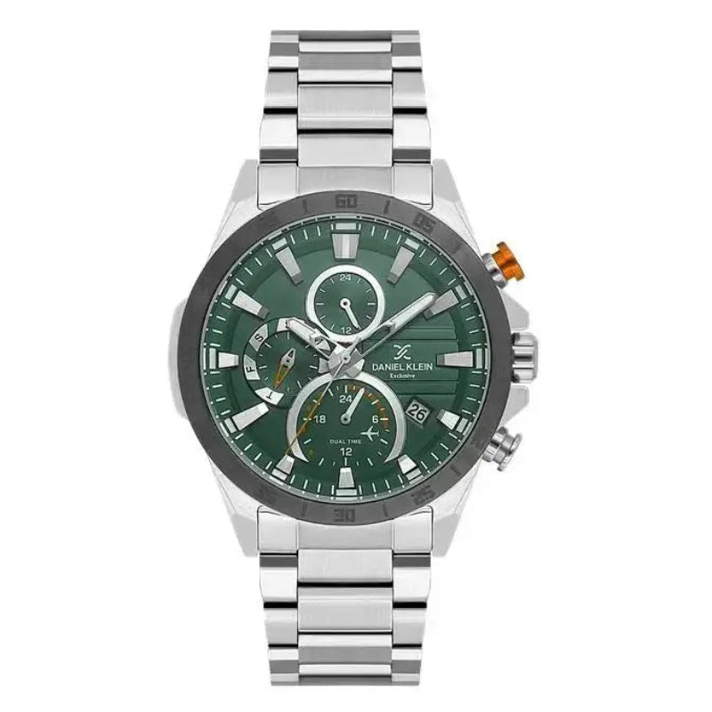 Daniel Klein DK.1.13992-3 quartz chronograph watch with green sunburst dial, stainless steel case and bracelet, rotating bezel