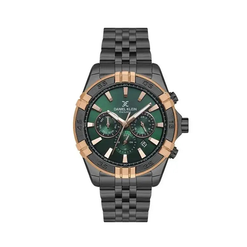 Daniel Klein DK114007-5 quartz chronograph watch with green sunburst dial, rose gold-tone accents, and gunmetal grey stainless steel bracelet