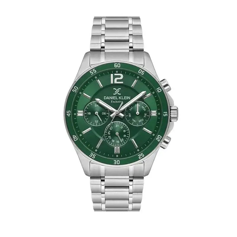Daniel Klein Exclusive DK113972-3 green dial chronograph watch with stainless steel bracelet and rotating bezel