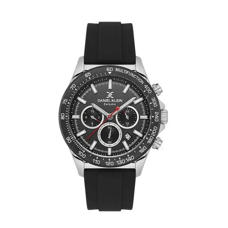 Daniel Klein DK113853-1 Exclusive multifunction chronograph watch with black dial, tachymeter bezel, stainless steel case, and black rubber strap