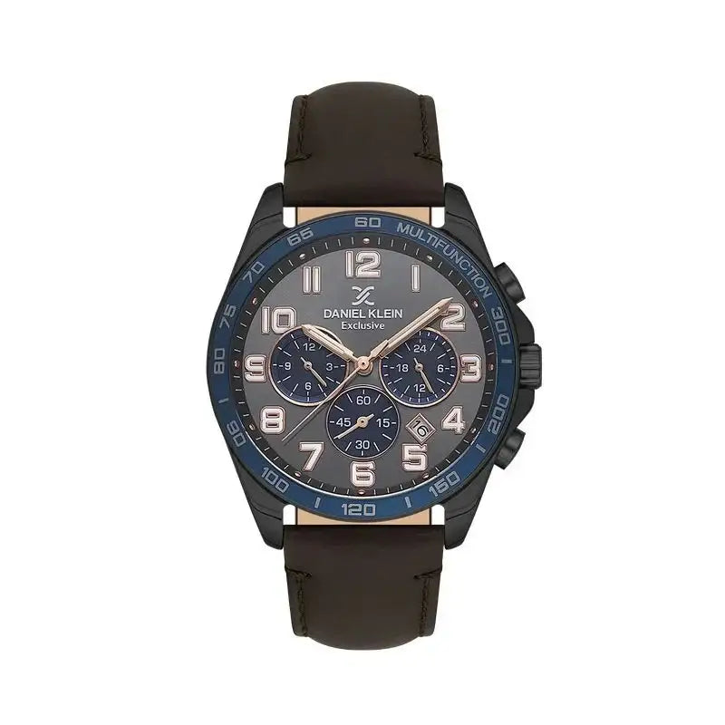 Daniel Klein Exclusive DK.1.13843-5 chronograph watch with grey dial, dark blue bezel, black IP case, and brown leather strap