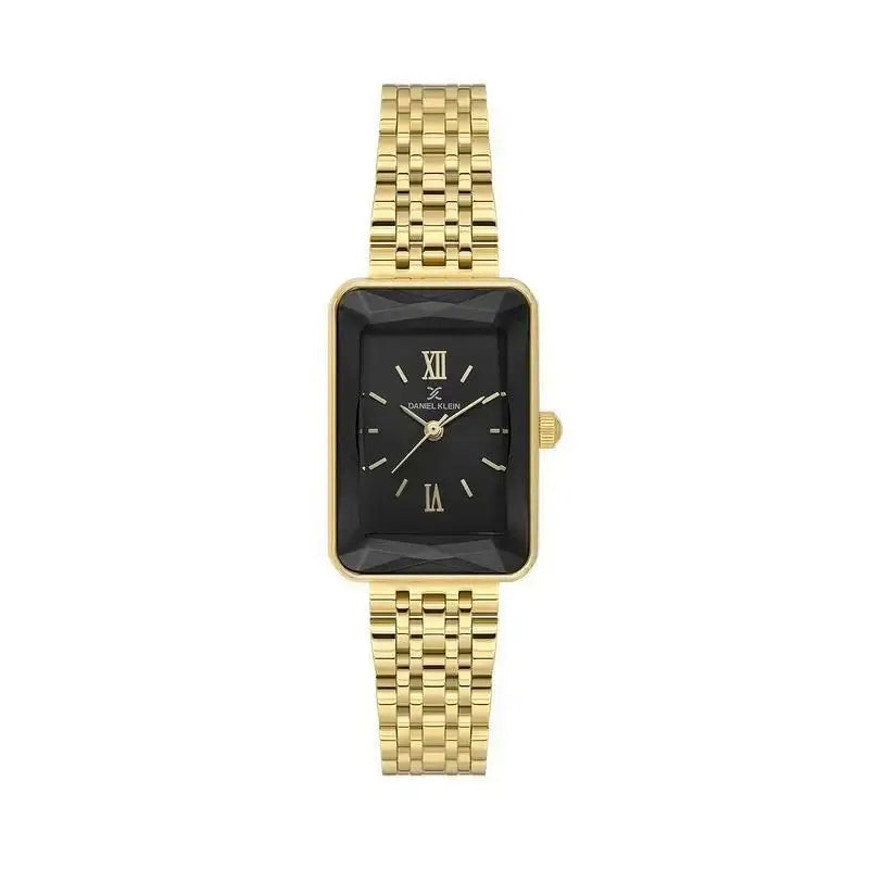 Daniel Klein women's rectangular watch with black dial and gold-tone stainless steel bracelet