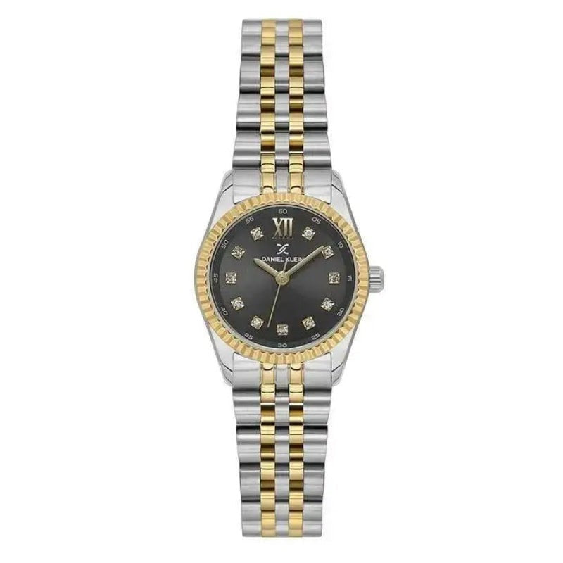 Daniel Klein DK113925-5 ladies quartz watch with black crystal dial and two-tone stainless steel Jubilee bracelet on white background