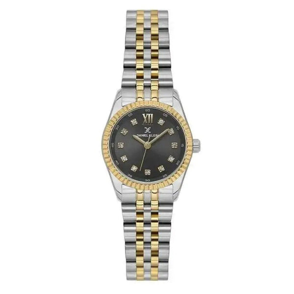Daniel Klein DK113925-5 ladies quartz watch with black crystal dial and two-tone stainless steel Jubilee bracelet on white background