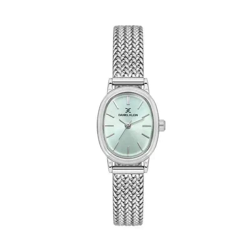 Daniel Klein DK113868-3 women's quartz watch with 35mm cushion case, sunray green dial, and stainless steel mesh bracelet