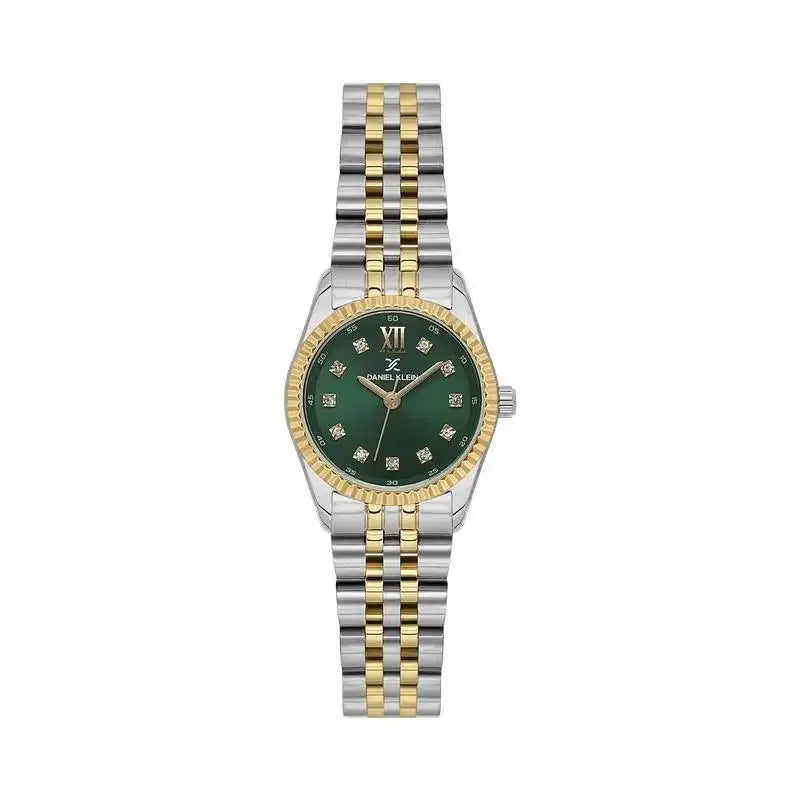 Daniel Klein DK113925-4 ladies watch with emerald green dial, crystal hour markers, Roman numeral XII, fluted gold bezel, two-tone stainless steel Jubilee bracelet