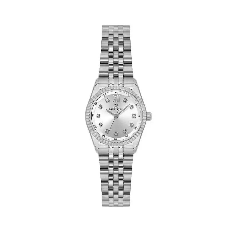 Daniel Klein DK113925-1 ladies quartz watch with silver sunray dial, crystal hour markers, and polished stainless steel jubilee bracelet