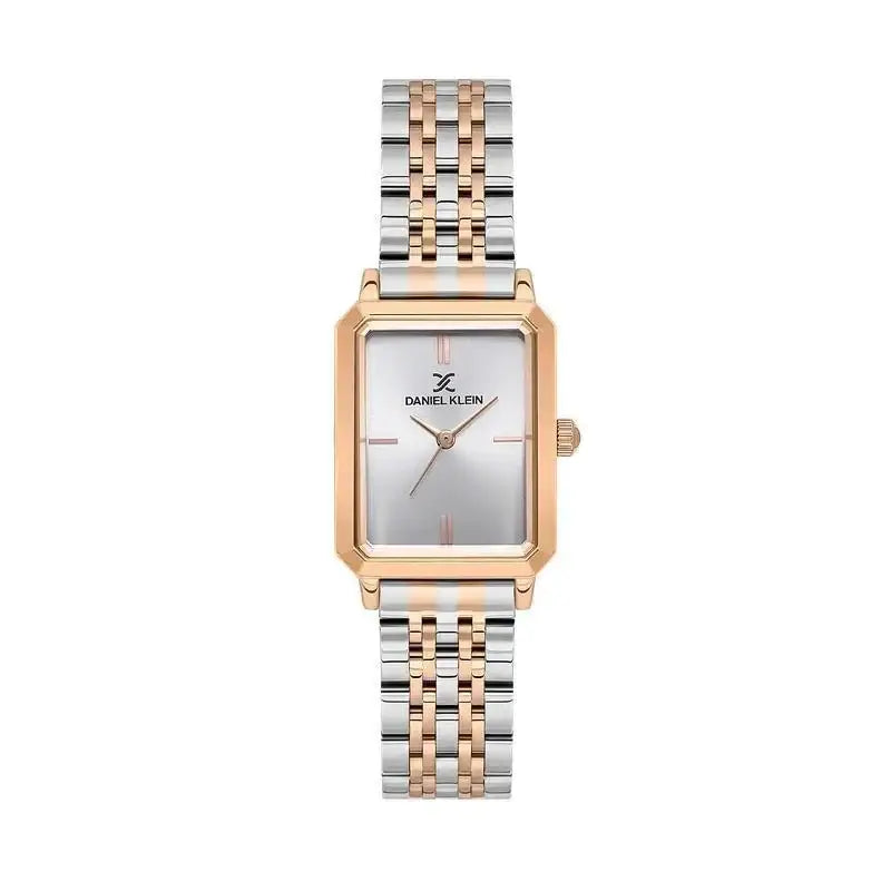 Daniel Klein DK113785-5 ladies rectangular quartz watch with silver sunray dial, rose gold-plated case and two-tone stainless steel bracelet