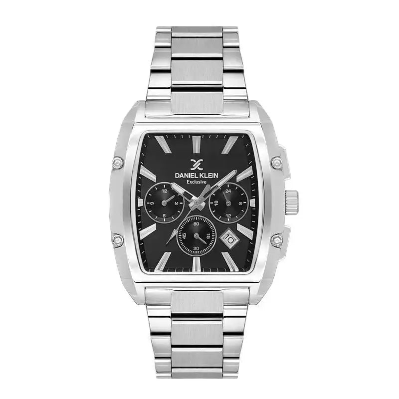 Daniel Klein Exclusive DK113801-2 quartz chronograph watch with black dial, tonneau stainless steel case, and integrated three-link bracelet