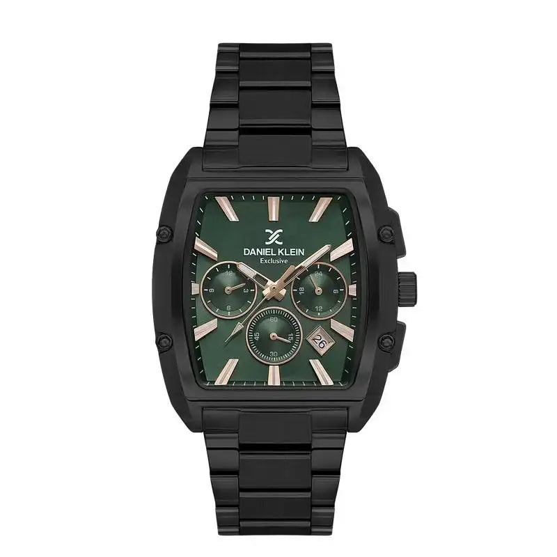 Daniel Klein Exclusive DK.1.13801-4 multifunction chronograph watch with green sunray dial, black ion-plated tonneau case and matching steel bracelet