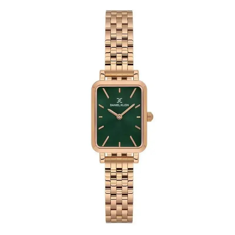 Daniel Klein DK113775-5 women's rose gold quartz watch with rectangular green dial and stainless steel bracelet