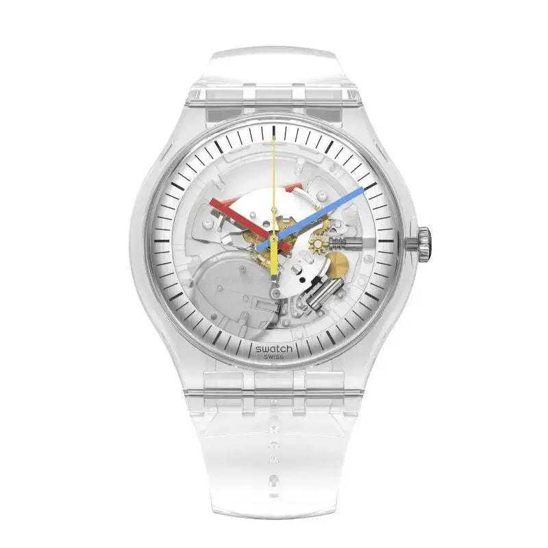 Swatch Clearly New Gent SO29K100-S06 transparent skeleton dial quartz watch with polymer case and bracelet front view