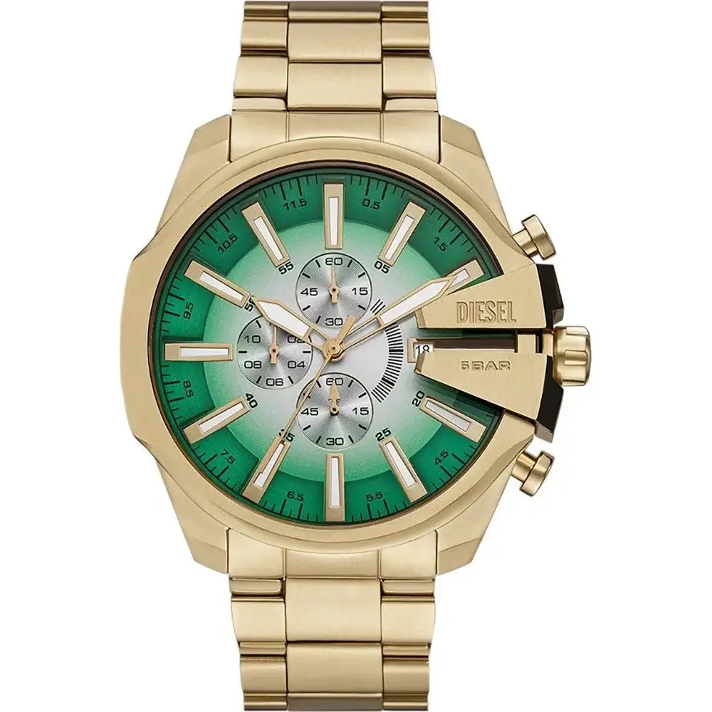 Diesel Mega Chief Slim DZ4684 quartz chronograph watch with green gradient dial and gold-tone stainless steel case and bracelet