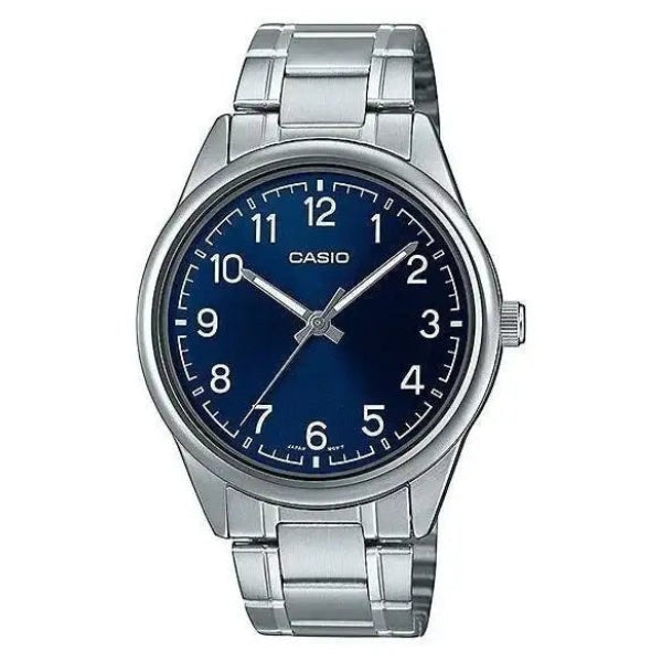 Casio MTP-V005D-2B4UDF quartz watch with blue sunburst dial and stainless steel bracelet on white background