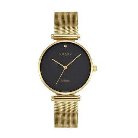 Obaku Funkle Dijon V310LXGBMG ladies watch with black dial diamond marker and gold-tone Milanese mesh bracelet