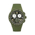 Swatch Nothing Basic About Green SUSG406 chronograph watch with khaki green polymer case, black dial with white sub-dials, and matching green silicone strap