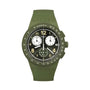 Swatch Nothing Basic About Green SUSG406 chronograph watch with khaki green polymer case, black dial with white sub-dials, and matching green silicone strap