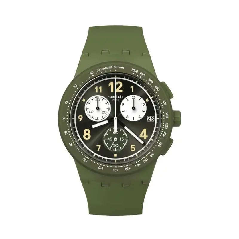 Swatch Nothing Basic About Green SUSG406 chronograph watch with khaki green polymer case, black dial with white sub-dials, and matching green silicone strap