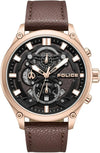 Police Wadden PEWGC0054204 quartz chronograph watch with 46mm rose gold case, skeletal black dial, and brown leather strap
